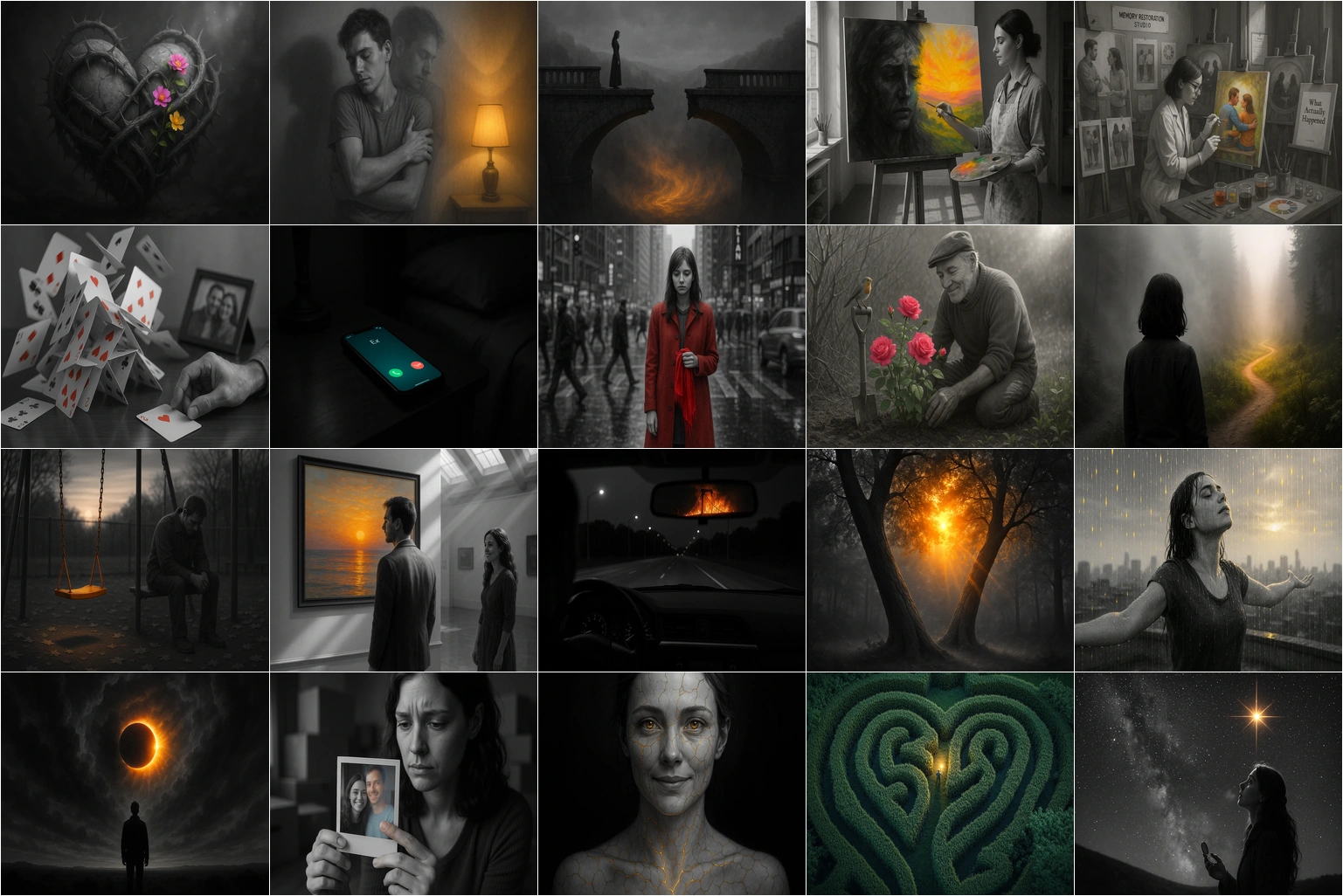 Mosaic of emotional black and white images showing hands, silhouettes, and symbolic scenes of loss and healing