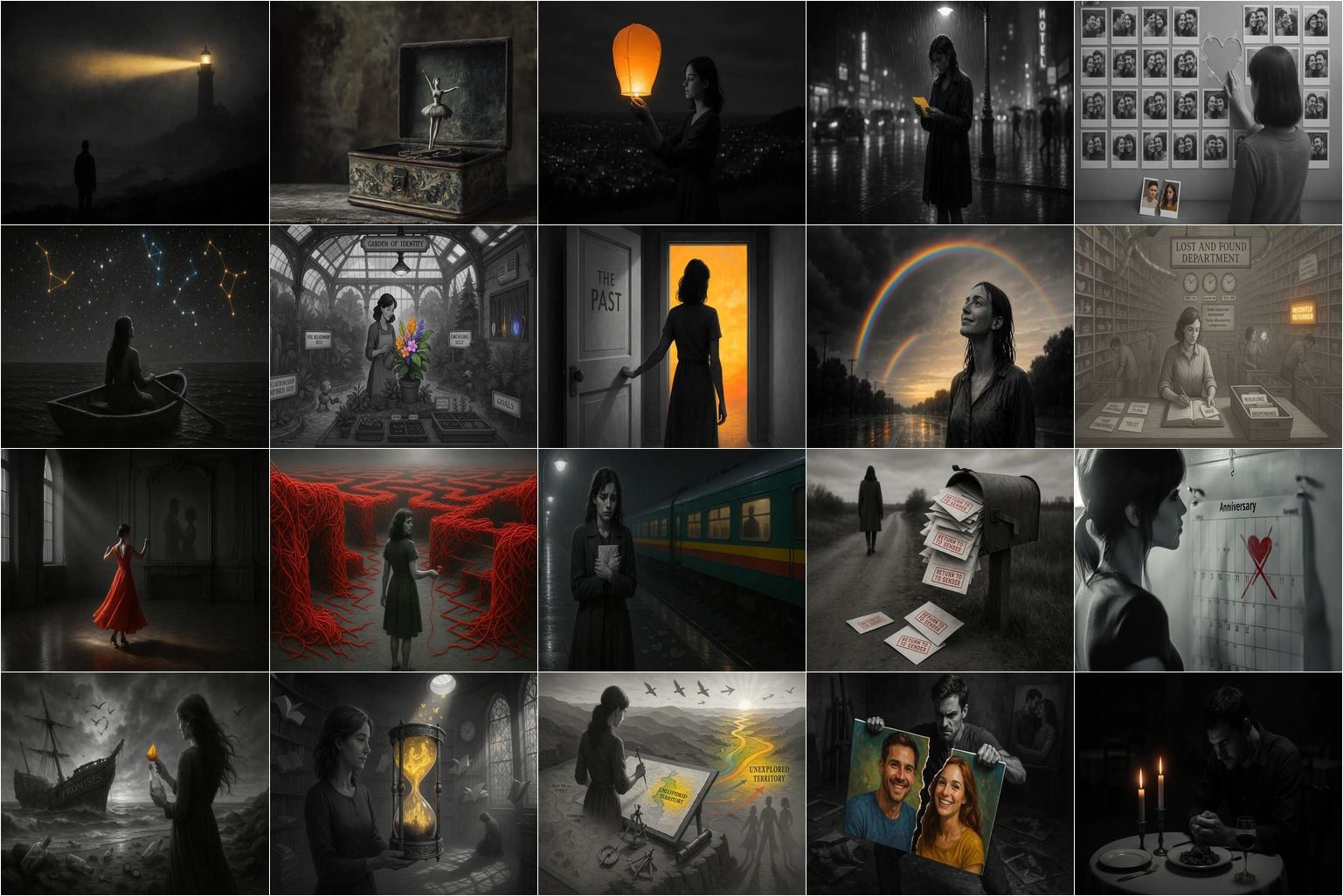 Mosaic of sixteen panels depicting introspection, creativity, and emotional journeys through black and white imagery