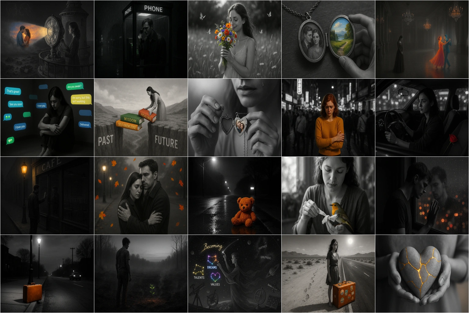 Mosaic of twelve panels showing relationship dynamics, emotional struggles, and moments of reflection