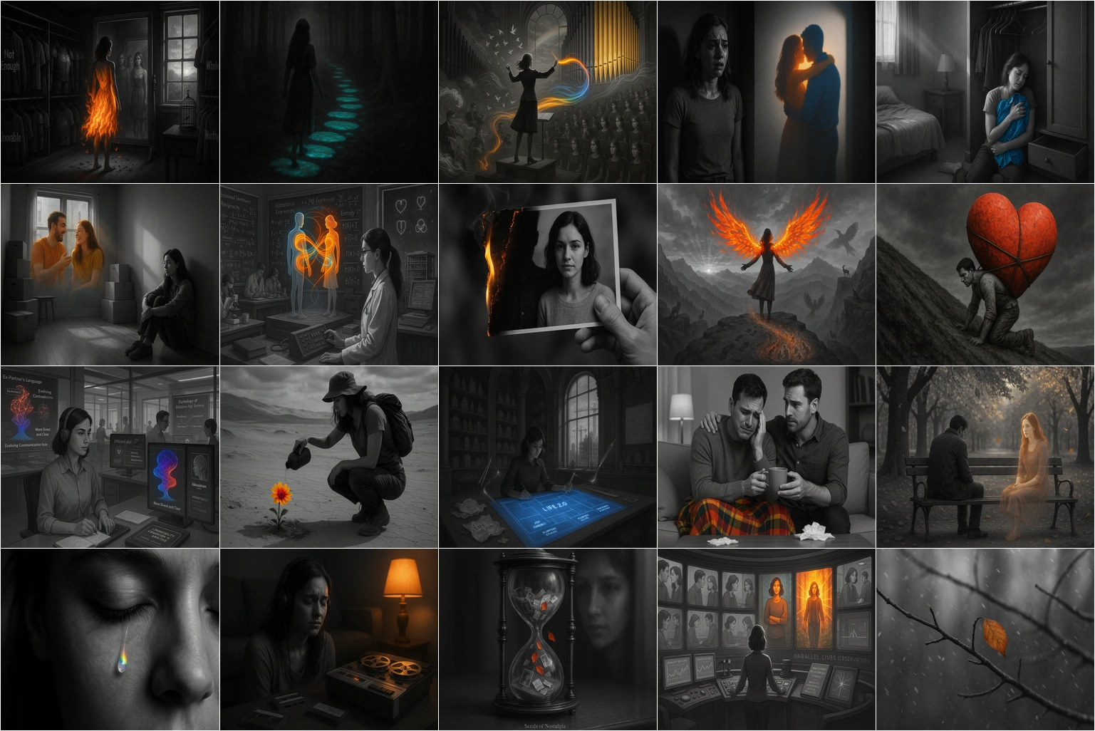 Mosaic of sixteen panels featuring artistic portraits, emotional scenes, and symbolic imagery of transformation