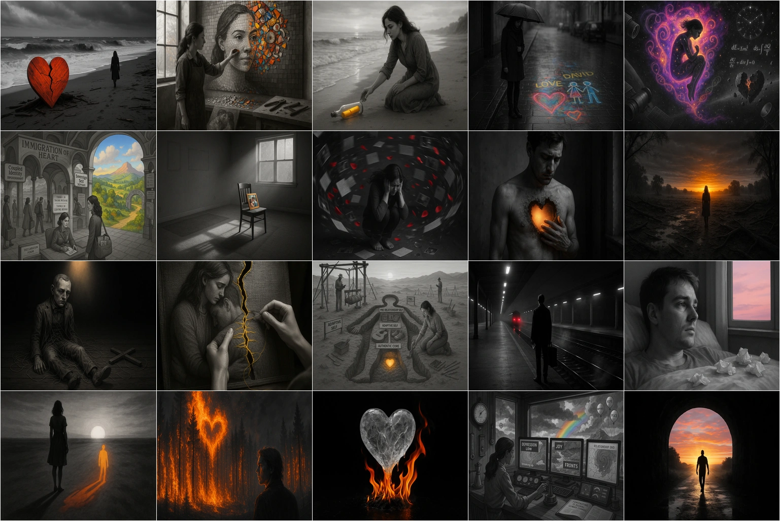 Mosaic of twelve panels depicting solitary moments, emotional objects, and symbolic representations of healing