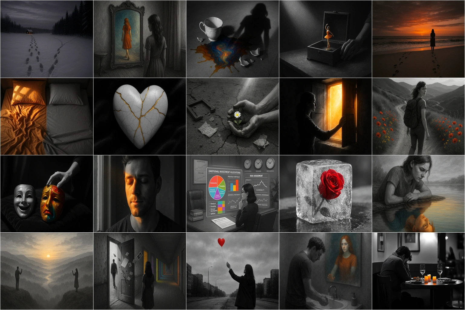 Mosaic of sixteen panels featuring artistic portraits, emotional scenes, and symbolic imagery of transformation