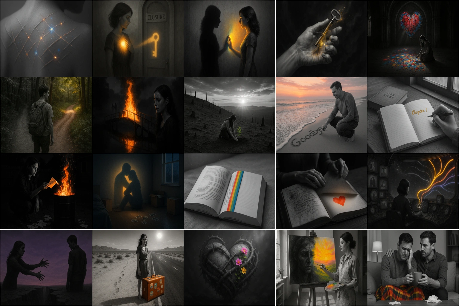 Mosaic of twelve panels depicting solitary moments, emotional objects, and symbolic representations of healing